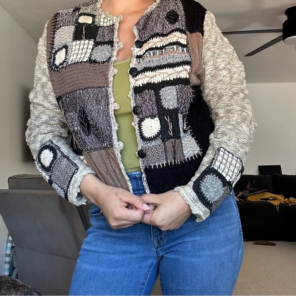 Vintage Patchwork Cardigan Sweater - Black, Brown, Gray